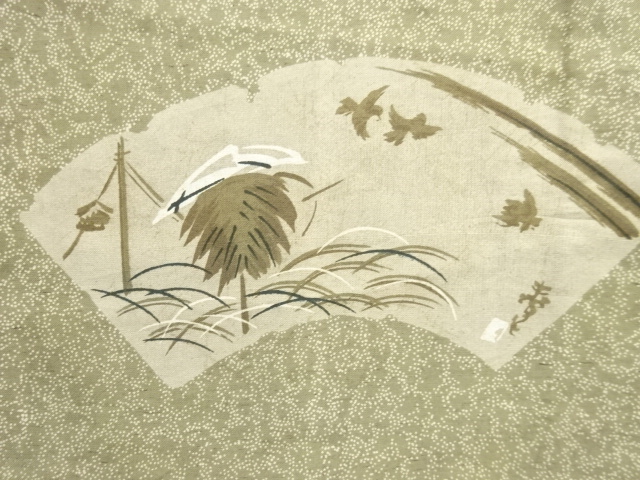  アンティーク　破れ地紙に鹿・案山子模様肩裏紋付羽二重男物羽織